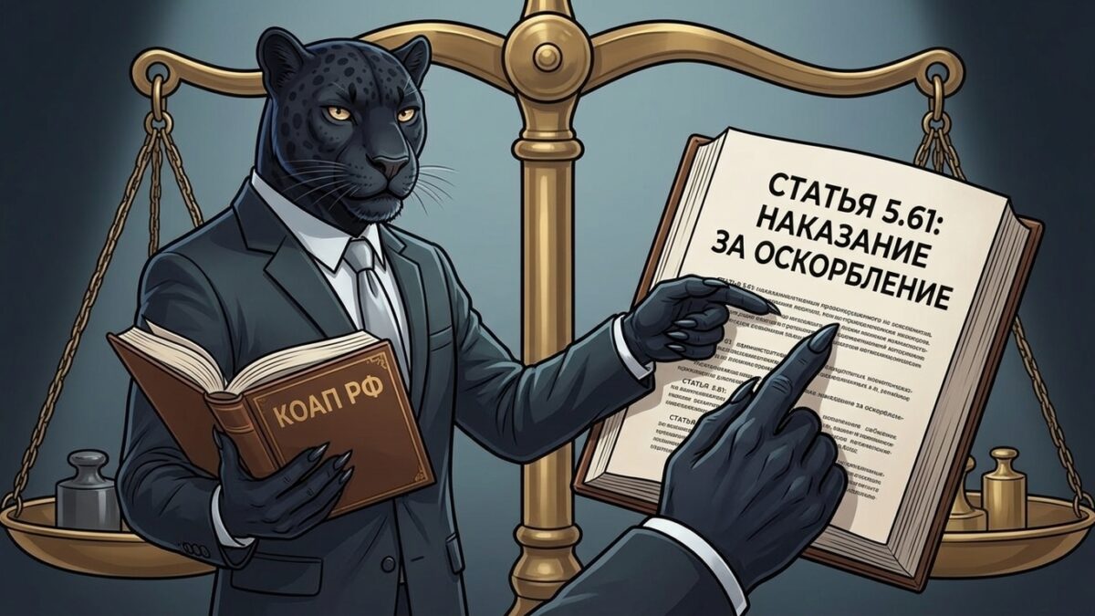 Пантера держит книгу законов и указывает на страницу — статья 5.61 КоАП РФ, наказание за оскорбление личности