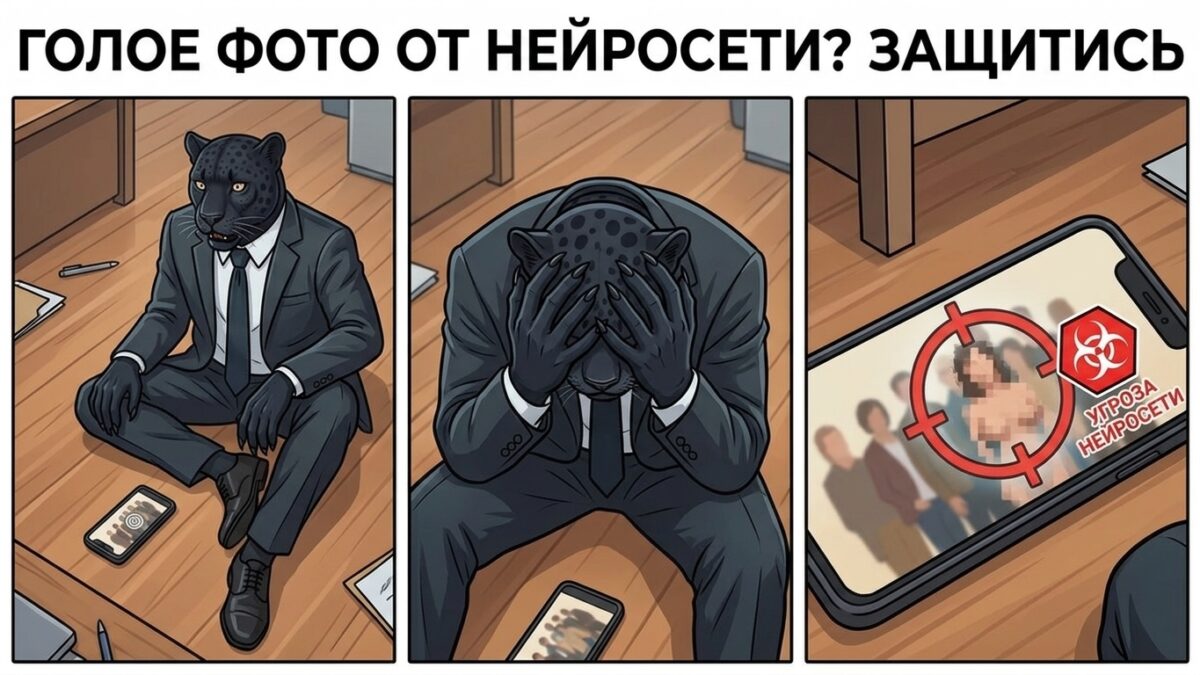 Пантера сидит на полу, закрывает лицо лапами, рядом на полу лежит смартфон с угрожающим сообщением на экране.