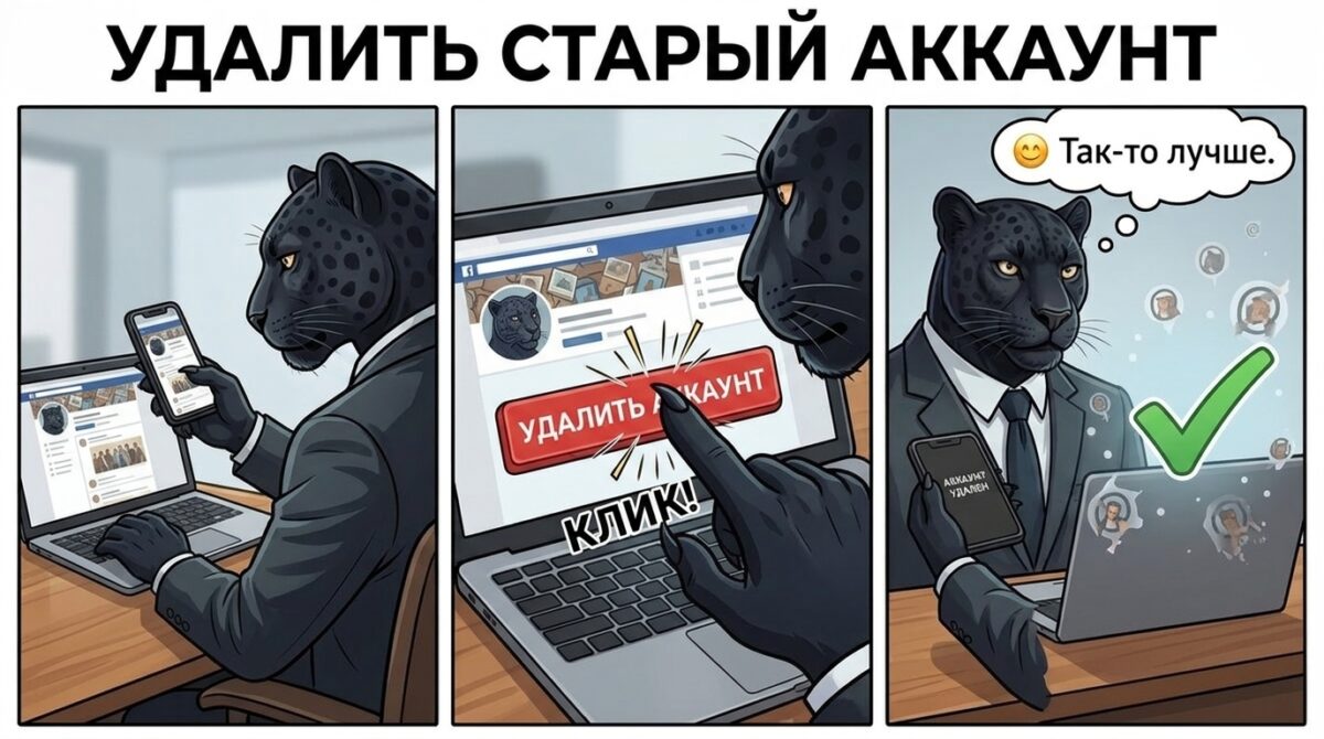 Как удалить информацию о себе в интернете, даже если вы уже всё почистили Пантера за ноутбуком нажимает кнопку удаления профиля, в лапе смартфон с тем же аккаунтом — как удалить свой старый аккаунт