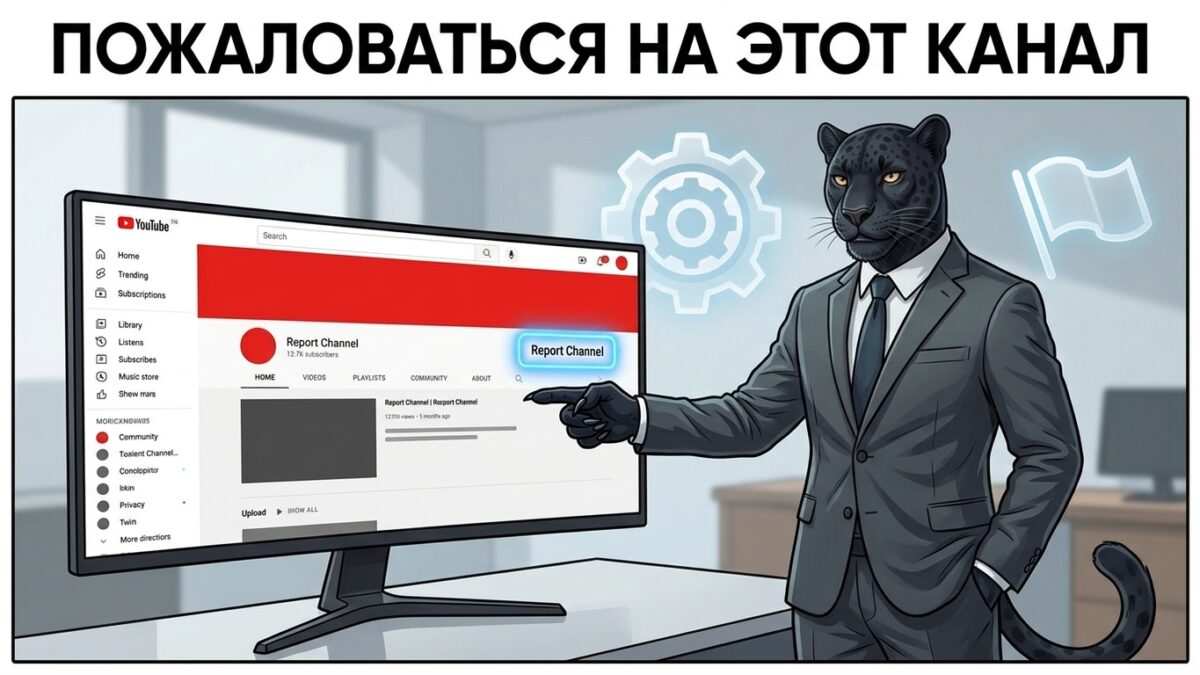 Пантера указывает лапой на экран с кнопкой пожаловаться на канал — как удалить чужой канал на ютубе