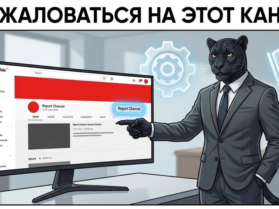 Пантера указывает лапой на экран с кнопкой пожаловаться на канал — как удалить чужой канал на ютубе