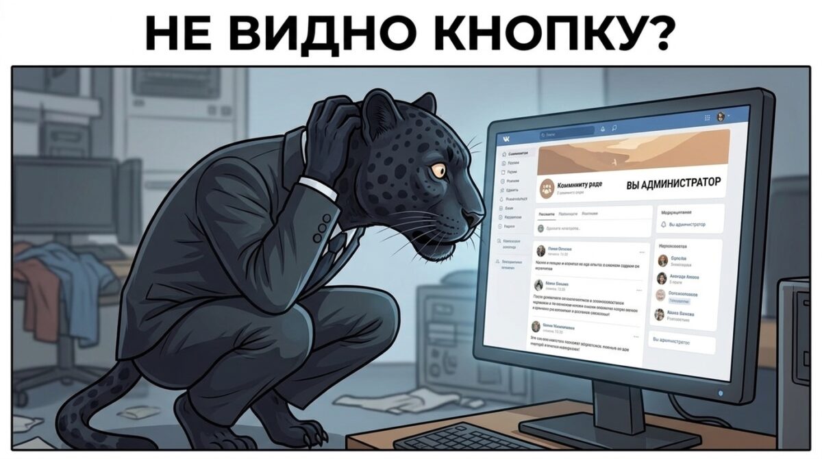 Пантера перед монитором чешет затылок: на странице сообщества не видно кнопку, чтобы удалить сообщество в ВК.