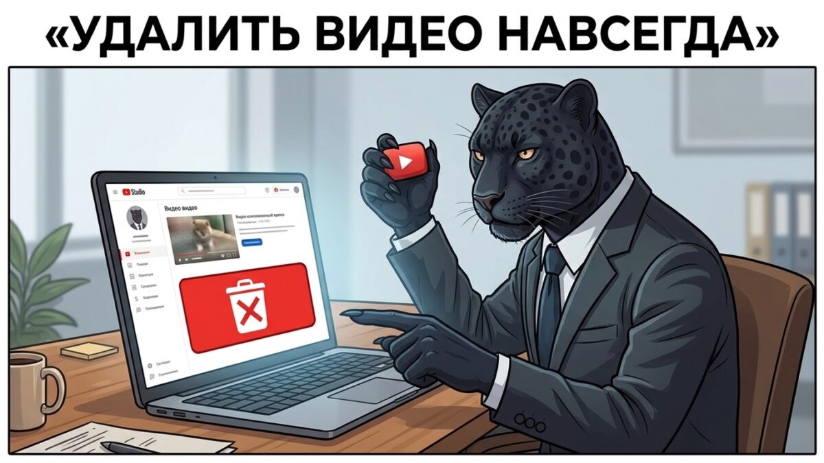 Как удалить видео с Ютуба — и чтобы оно нигде больше не всплыло Как удалить видео с ютуба навсегда — пантера за ноутбуком тянется к красной кнопке «Удалить»