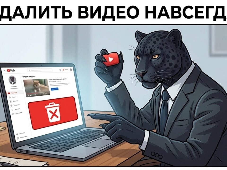 Как удалить видео с ютуба навсегда — пантера за ноутбуком тянется к красной кнопке «Удалить»