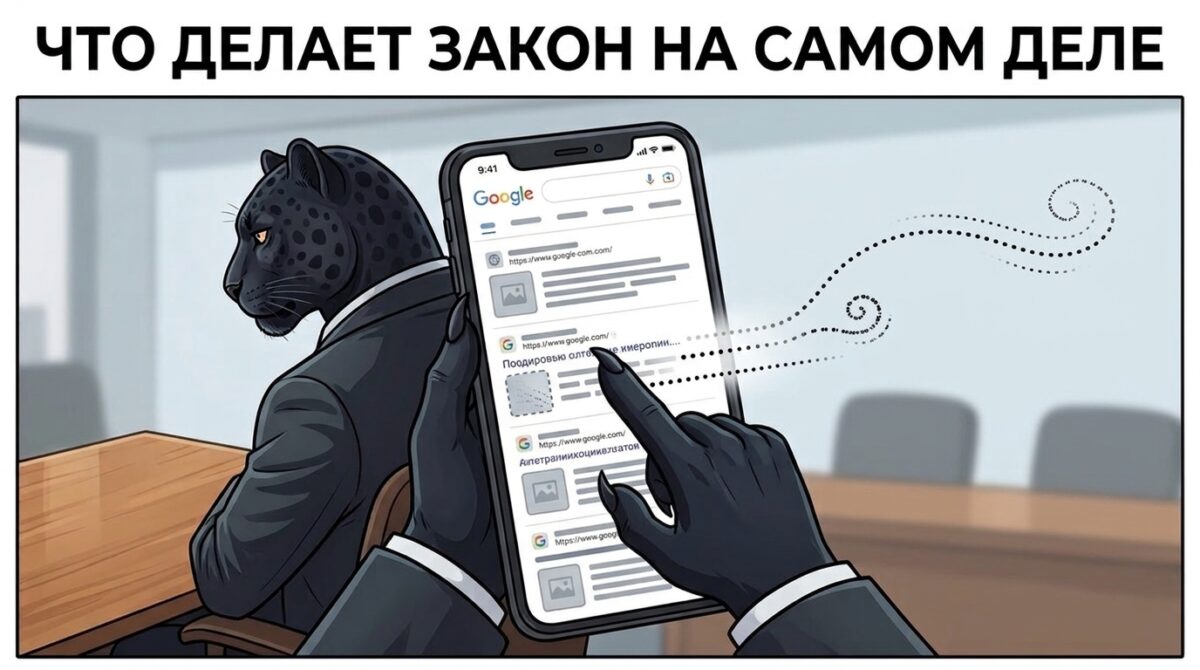 Что делает закон о праве на забвение: пантера показывает на смартфон, где ссылка в поисковой выдаче превращается в пунктирную линию.