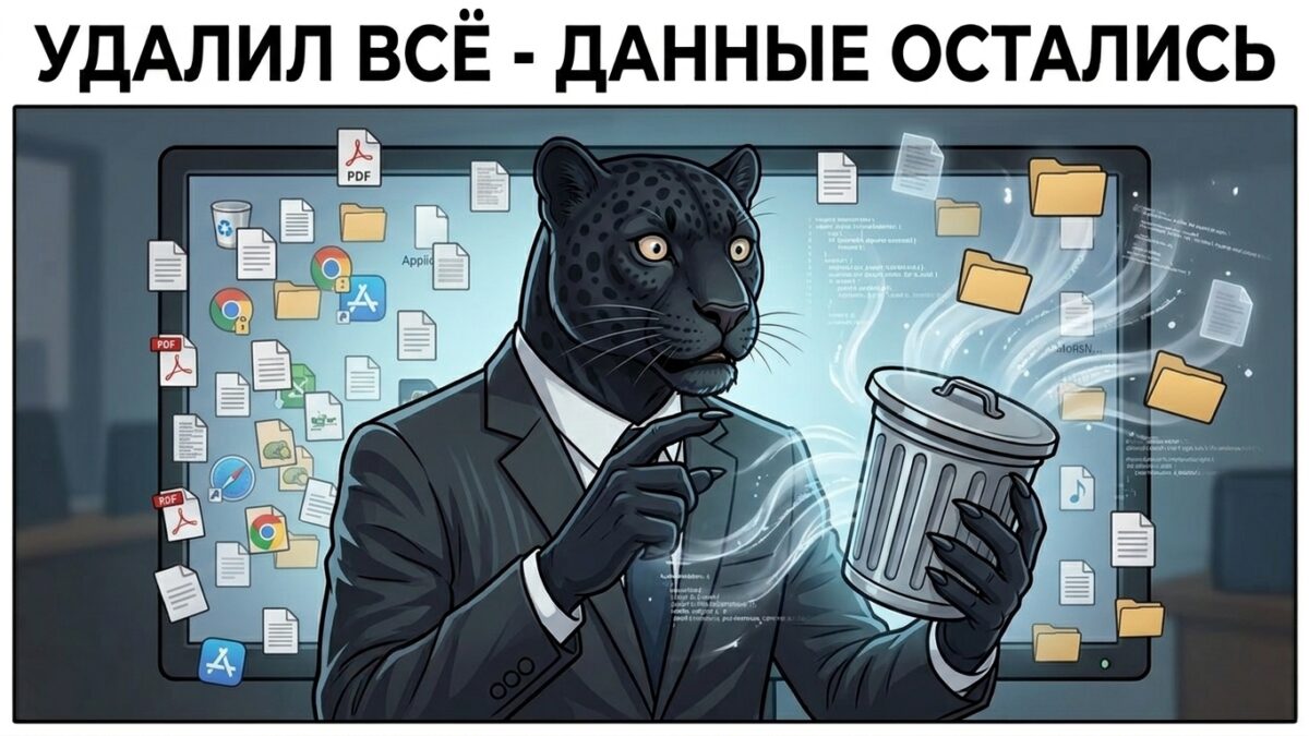 Пантера у монитора держит лапу над пустой корзиной, из которой вылетают полупрозрачные файлы — как удалить информацию о себе в интернете