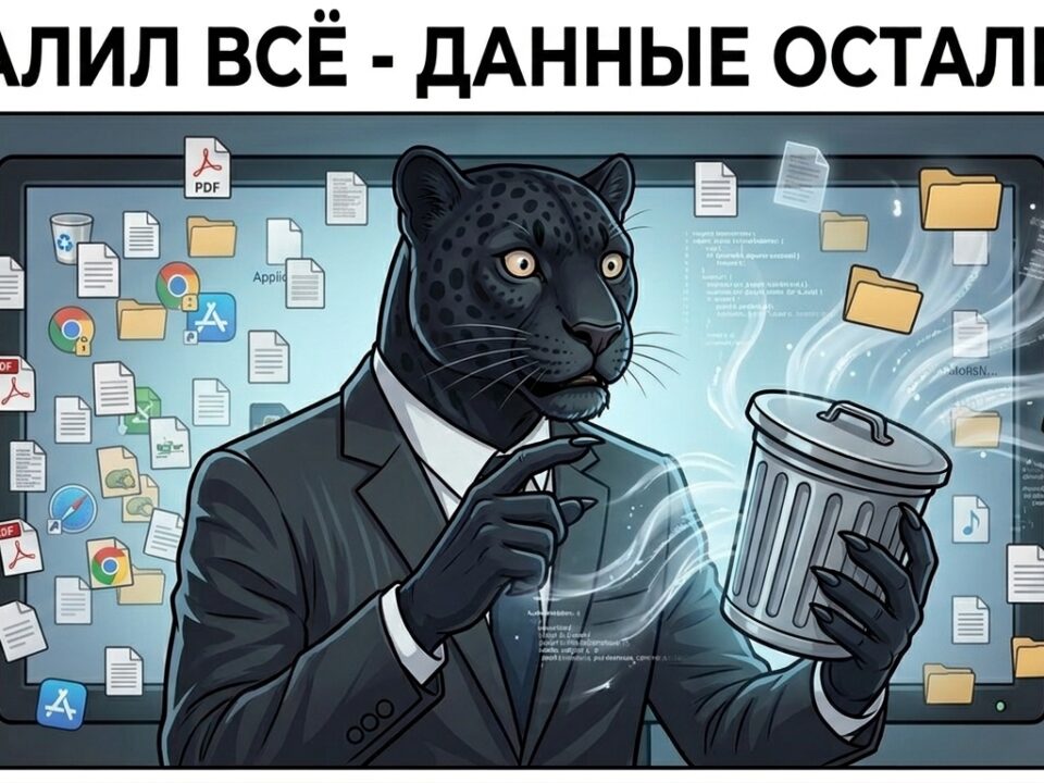 Пантера у монитора держит лапу над пустой корзиной, из которой вылетают полупрозрачные файлы — как удалить информацию о себе в интернете