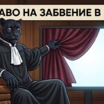Право на забвение в РФ: пантера в судейской мантии сидит на книгах и отодвигает занавес, открывая пустой экран поиска.