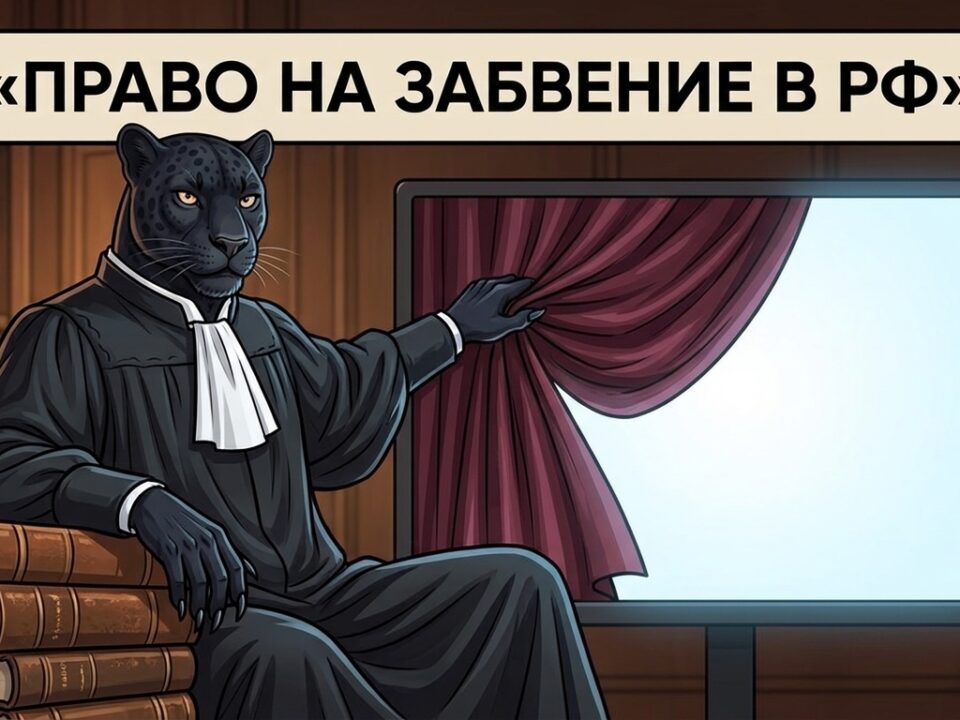Право на забвение в РФ: пантера в судейской мантии сидит на книгах и отодвигает занавес, открывая пустой экран поиска.