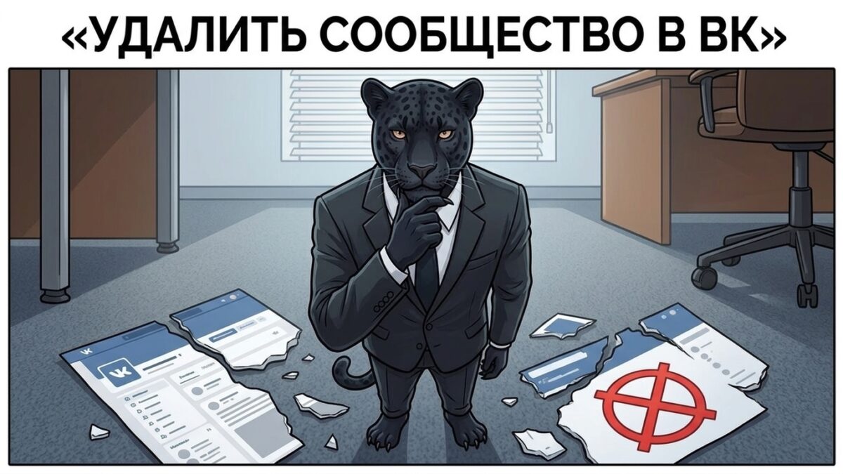 Пантера задумчиво стоит перед разорванной страницей сообщества ВКонтакте с кнопкой удаления — как удалить сообщество в ВК.