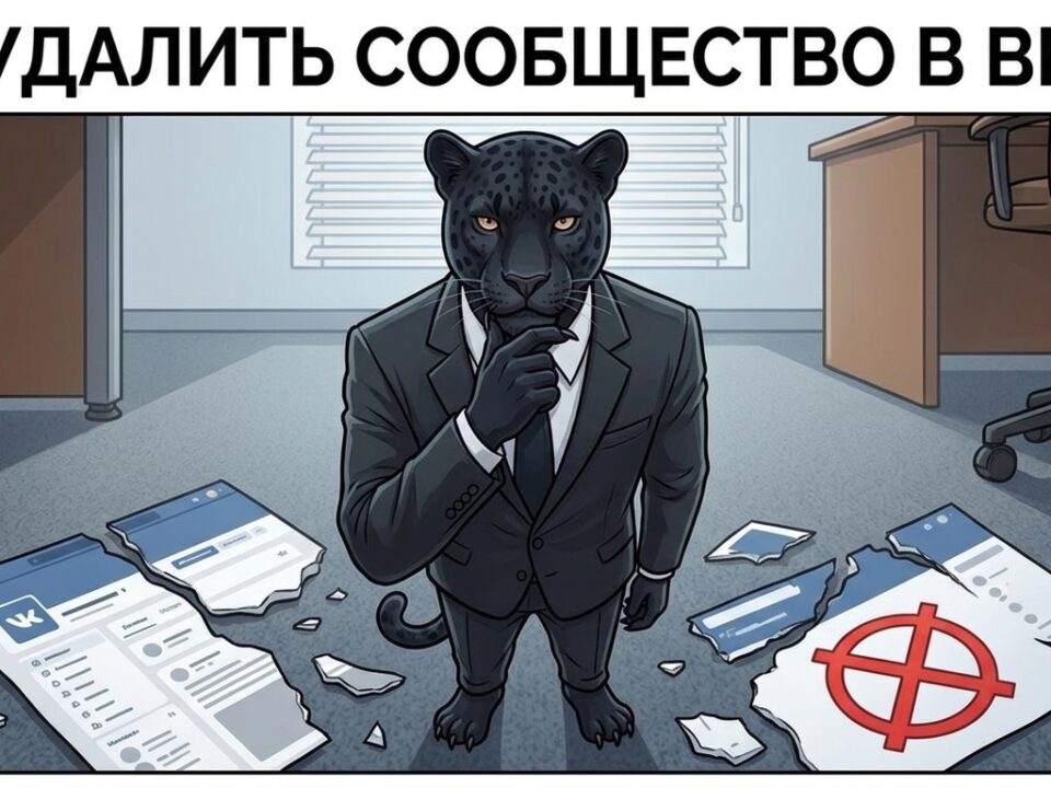 Пантера задумчиво стоит перед разорванной страницей сообщества ВКонтакте с кнопкой удаления — как удалить сообщество в ВК.
