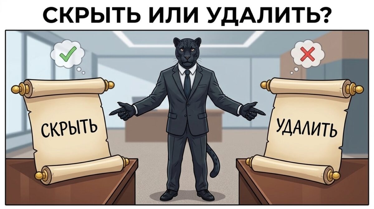 Скрыть или удалить видео на ютубе &mdash; пантера выбирает между свитками &laquo;Скрыть&raquo; и &laquo;Удалить&raquo;