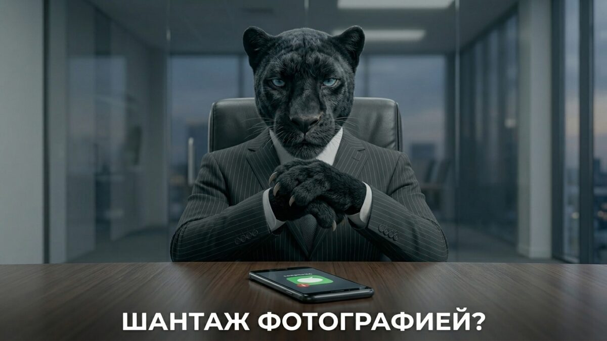 Пантера сидит на стуле, скрестив лапы, на столе лежит смартфон с иконкой сообщения, взгляд спокойный
