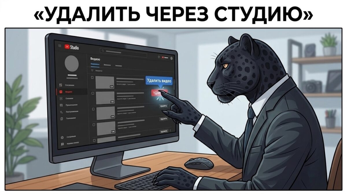 Как удалить видео с ютуба через Творческую студию &mdash; пантера нажимает кнопку &laquo;Удалить видео&raquo; на экране