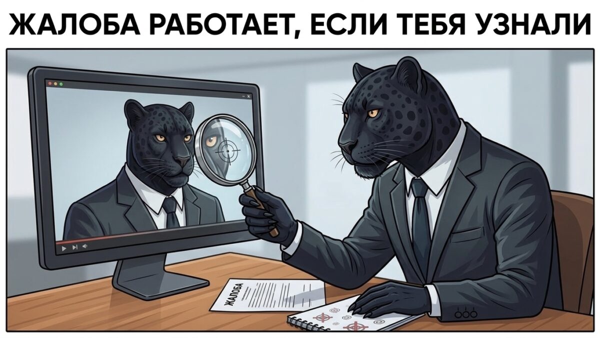 Пантера рассматривает через лупу стоп-кадр на мониторе &mdash; жалоба на видео YouTube с моим лицом