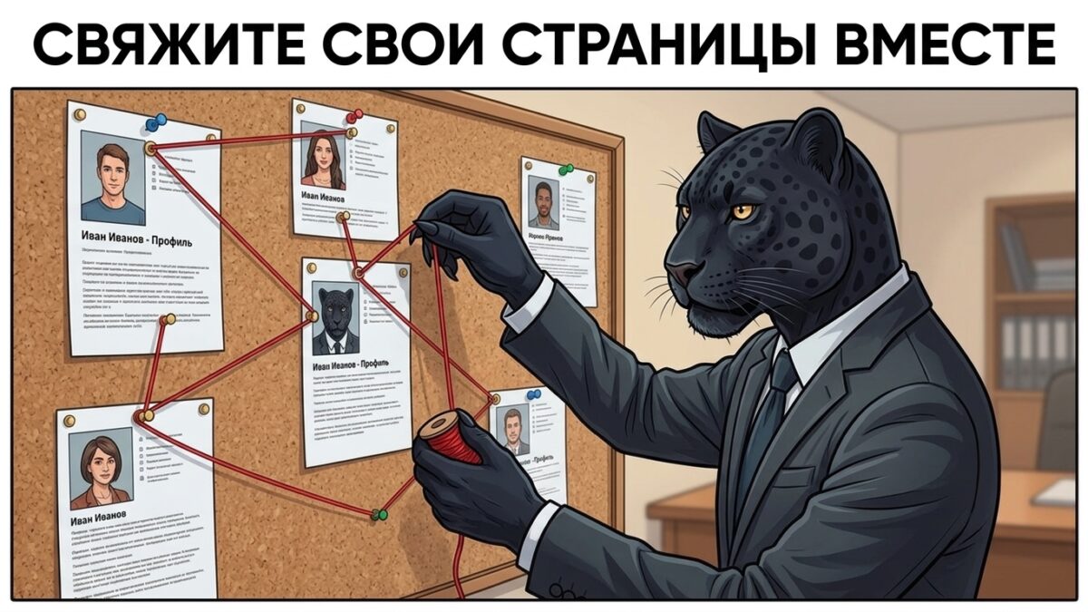 Маскот связывает шнуром распечатки профилей на доске &mdash; разные профили однофамильцев