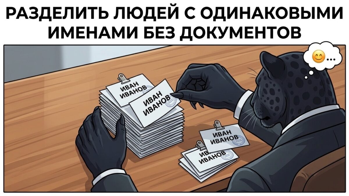 Маскот разводит стопку бейджей с одинаковым именем — как разделить однофамильцев в поиске