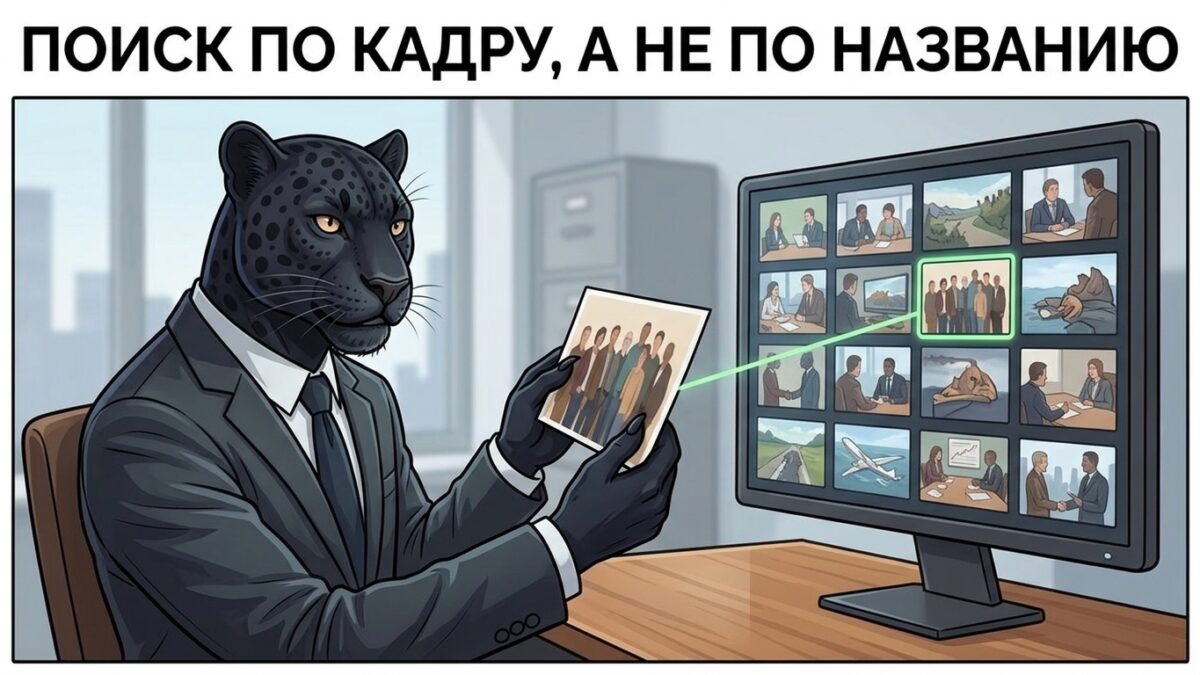 Пантера сравнивает распечатанный кадр с миниатюрами на экране &mdash; поиск копий видео с моим участием