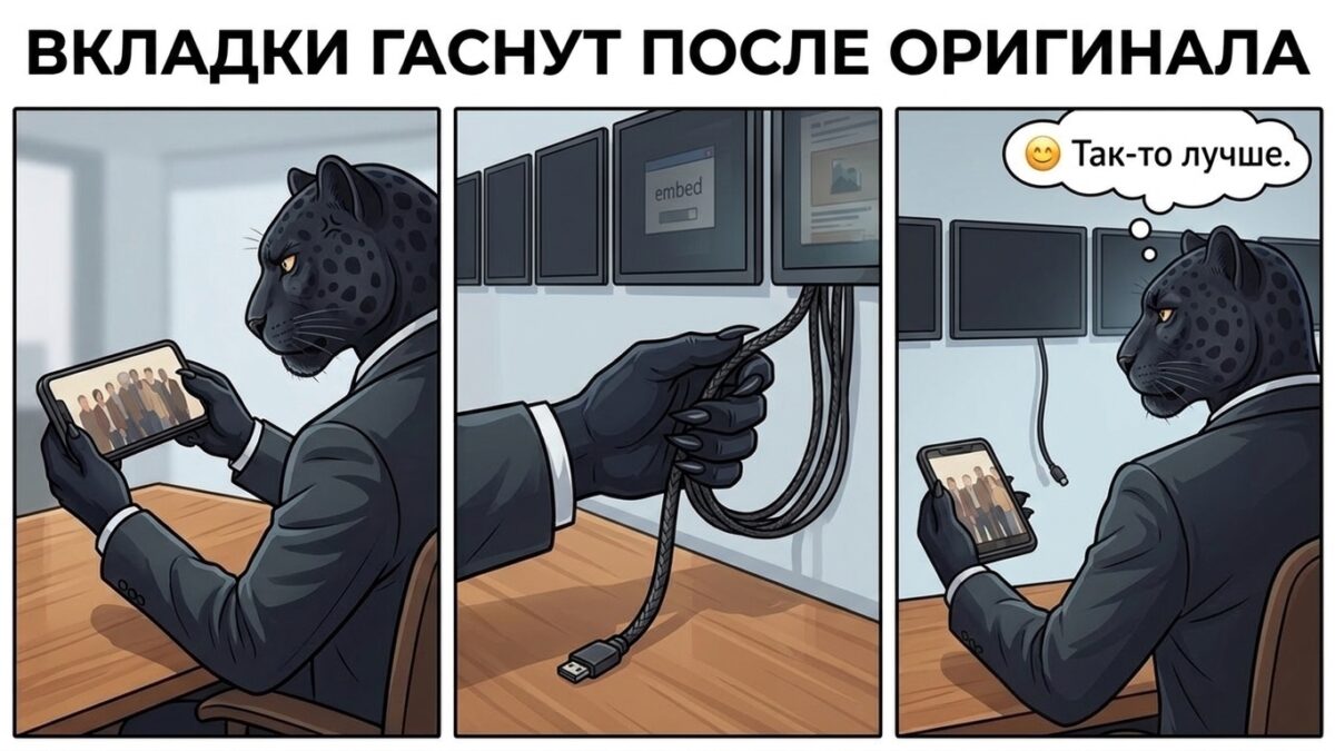 Пантера вынимает кабель из ряда погасших экранов &mdash; встроенное видео исчезает вслед за оригиналом