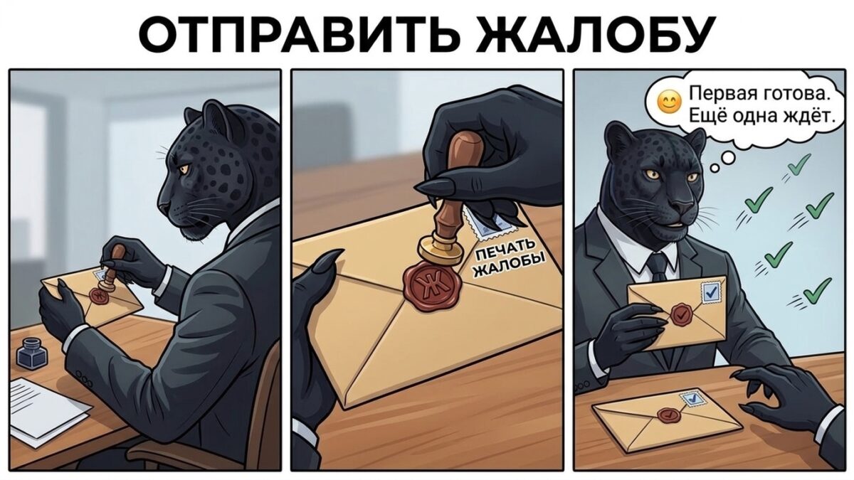 Пантера запечатывает два конверта с претензиями &mdash; письмо владельцу сайта и его хостеру