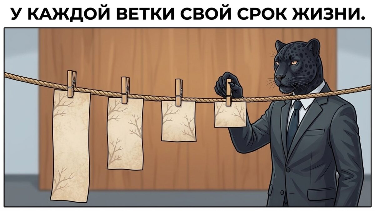 Пантера развешивает на верёвке бумажные полосы разной длины &mdash; сроки удаления видео по каждой ветке