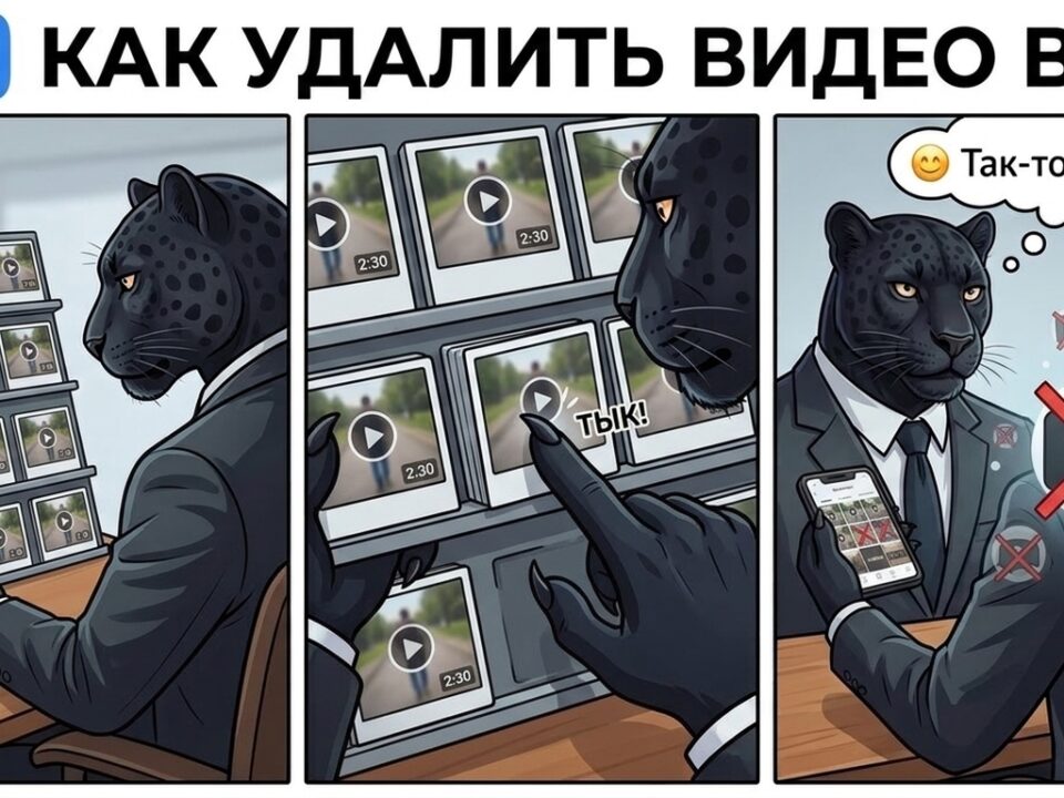 Пантера снимает один кадр со стенда с видеокадрами — как удалить видео в ВК