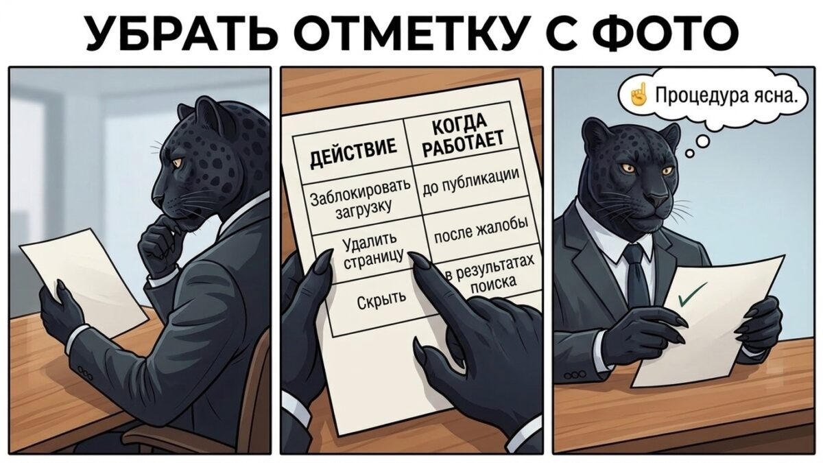Как заблокировать распространение интимных фото до слива Пантера придерживает лист с таблицей из трёх действий — чем блокировка загрузки отличается от удаления страницы и скрытия в поиске