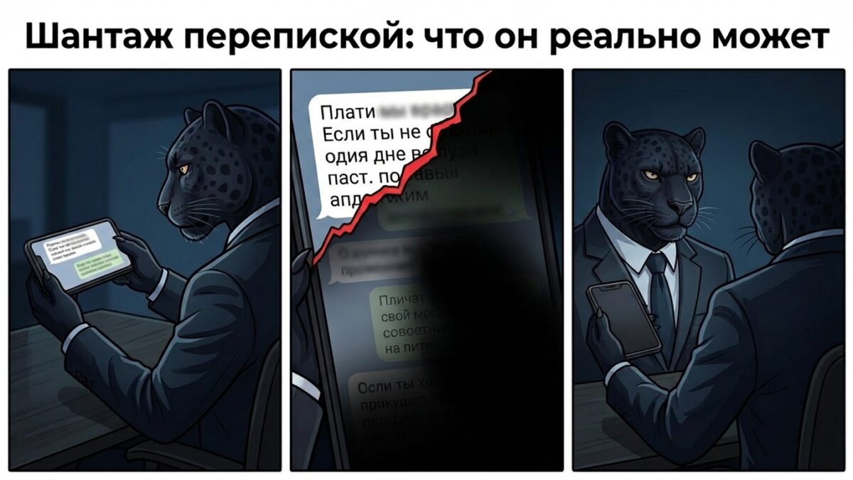 Шантаж перепиской: что он может доказать и что делать Пантера перед экраном с обрезанным диалогом — шантаж перепиской, что делать