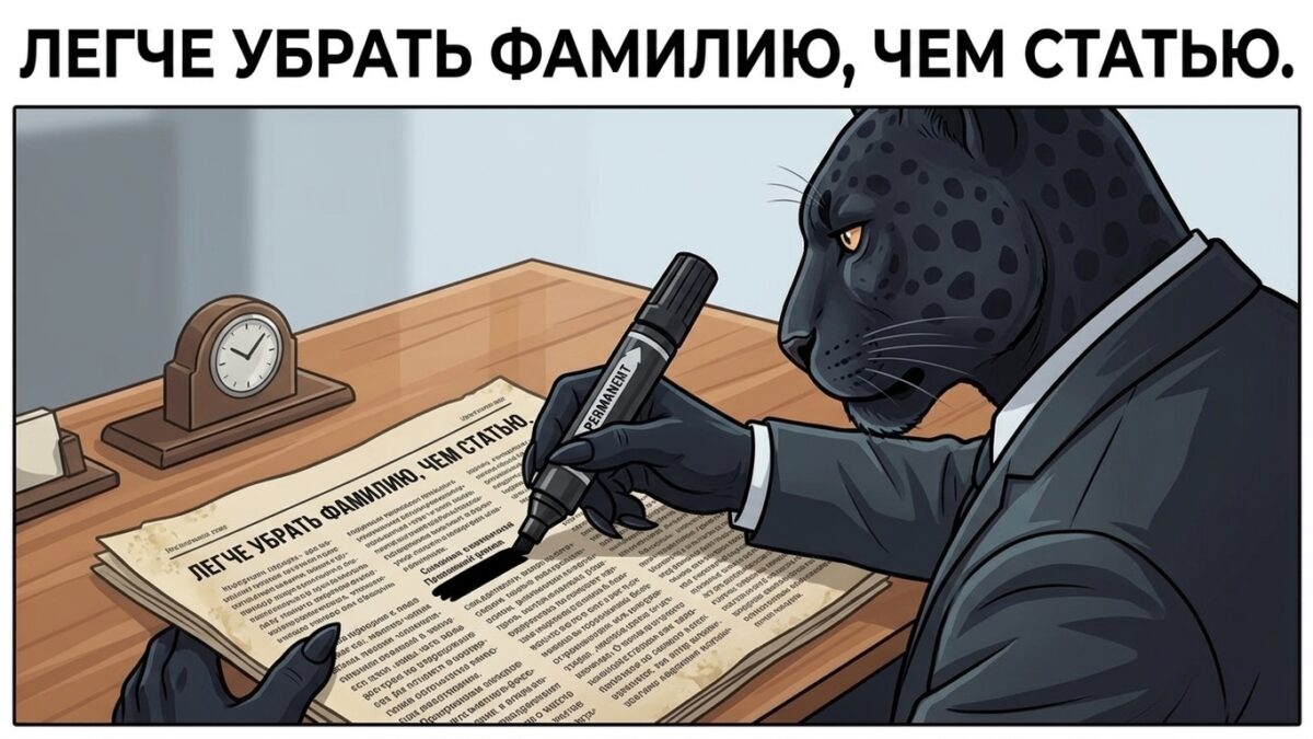 Пантера закрашивает маркером строку в газетной колонке &mdash; анонимизация вместо удаления старой статьи