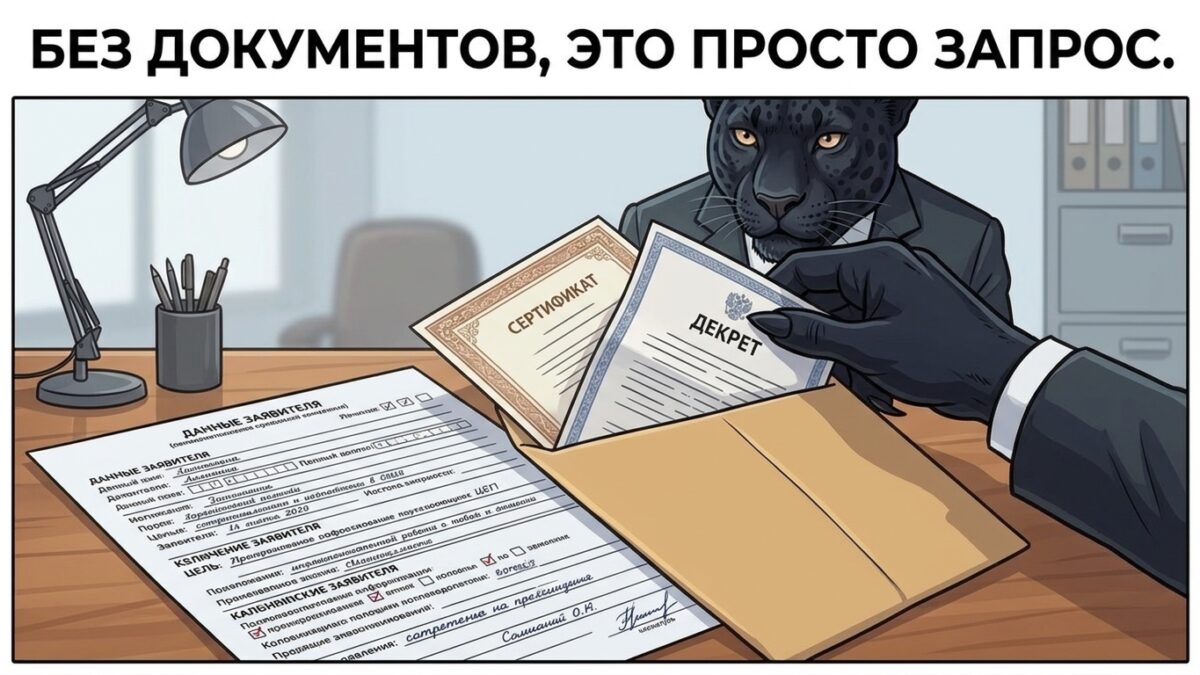 Пантера вкладывает документы в конверт поверх бланка заявления на право на забвение