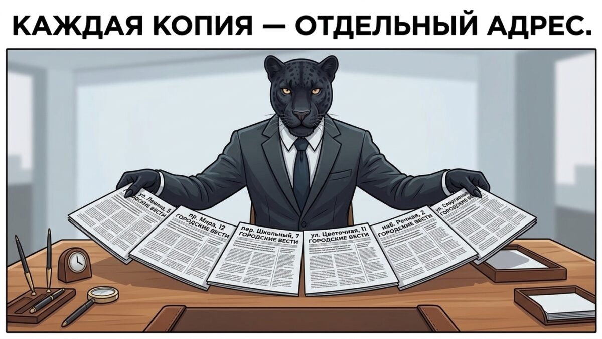 Пантера раскладывает шесть одинаковых распечаток одной статьи &mdash; перепечатки старой публикации в выдаче