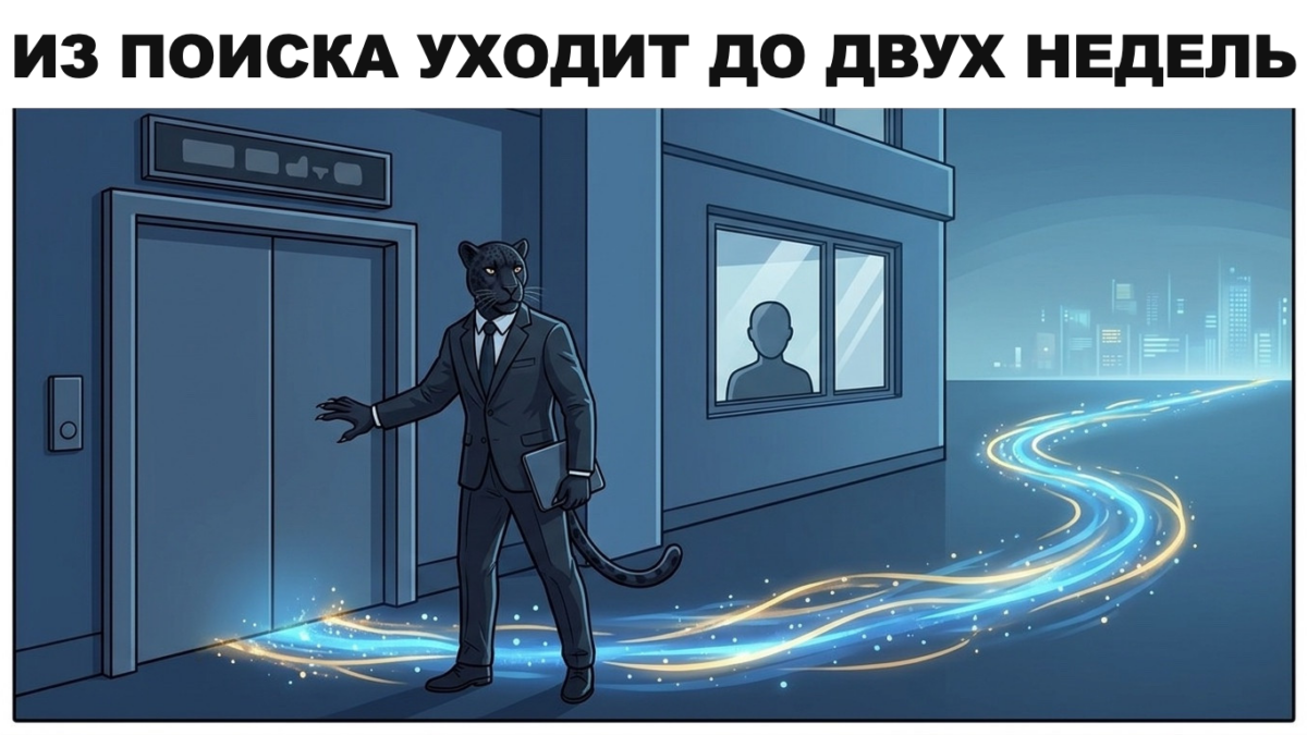 Человек-пантера в костюме перелистывает настенный календарь рядом с монитором со страницей поисковой выдачи