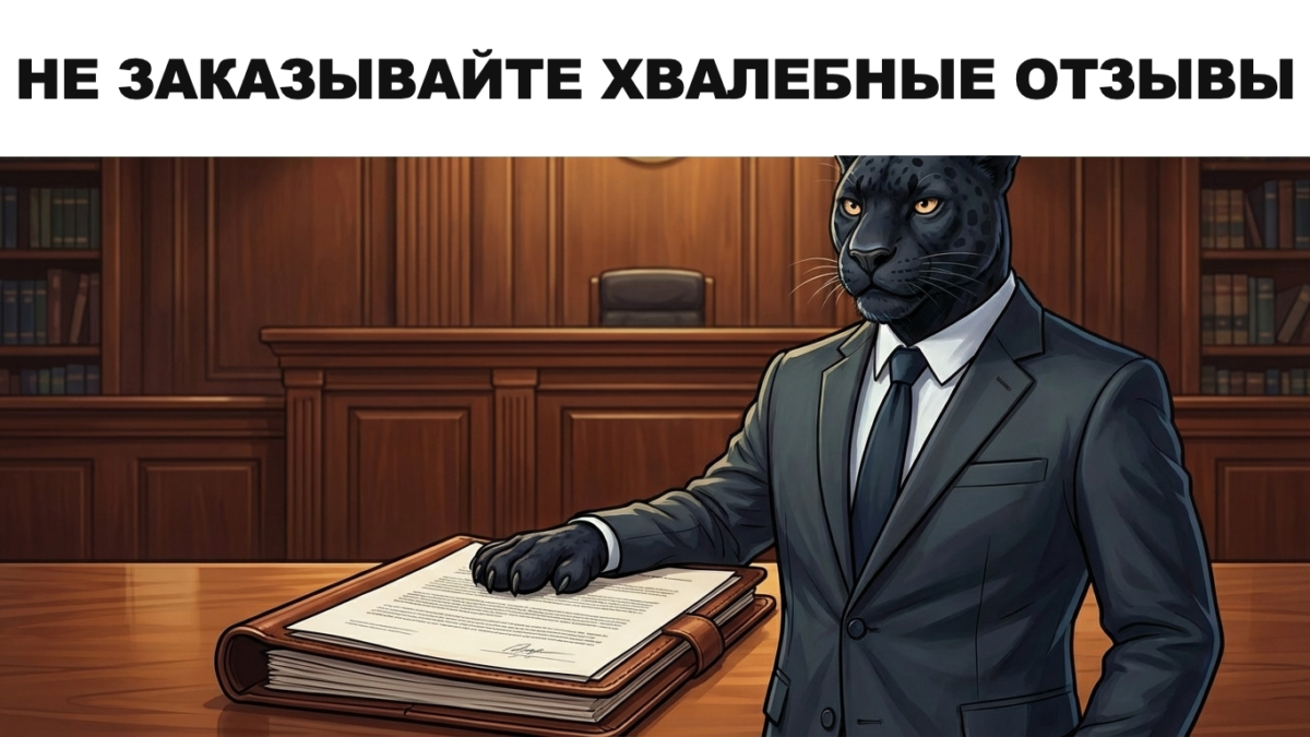Человек-пантера в костюме бросает в корзину пачку одинаковых карточек с пятью звёздами, надпись &laquo;не заказывайте хвалебные отзывы&raquo;