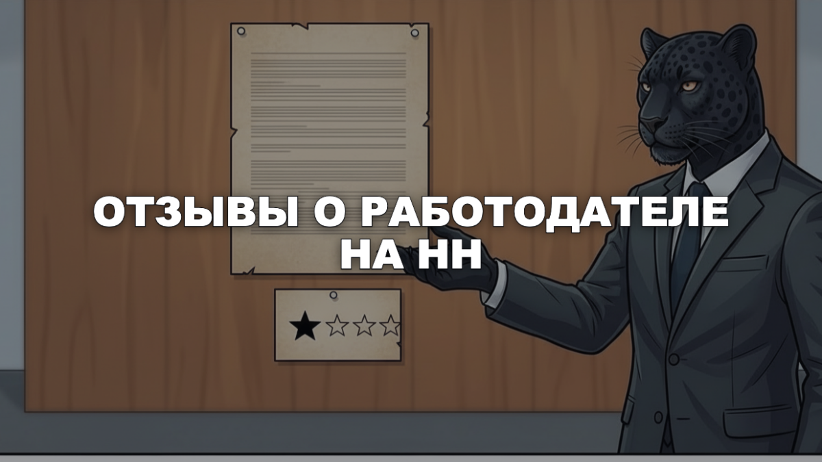 Человек-пантера в деловом костюме у пробковой доски с объявлением о вакансии и карточкой с одной звездой из пяти