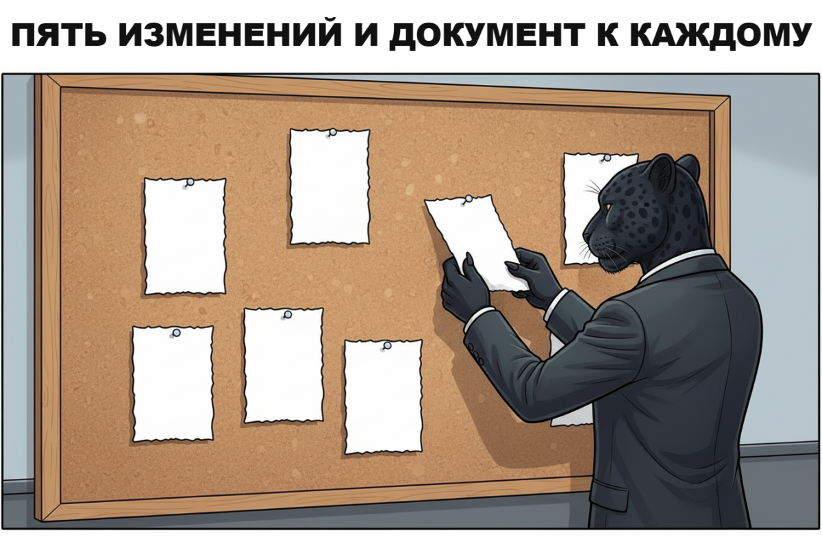 Человек-пантера у доски с пятью карточками &mdash; под каждое изменение свой документ