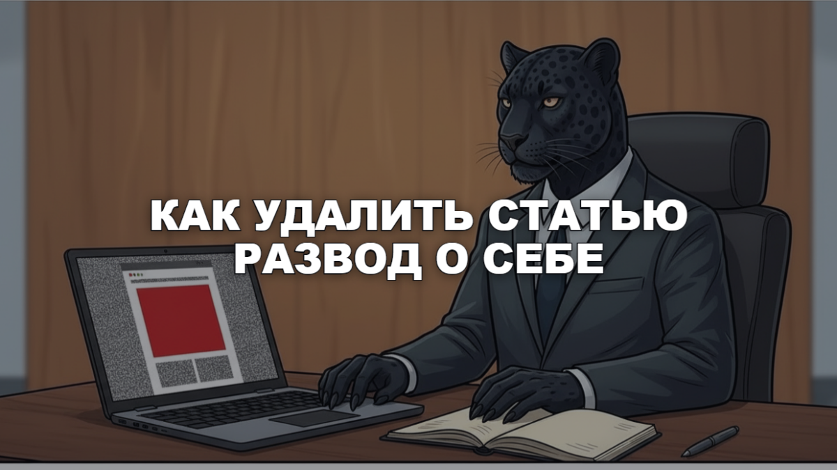 Как удалить статью «развод» о себе из интернета Человек-пантера в костюме у ноутбука, на экране обзор-разоблачение с красной плашкой