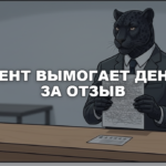 Человек-пантера в деловом костюме держит распечатку сообщения над карточкой отзыва с одной звездой на стойке администратора