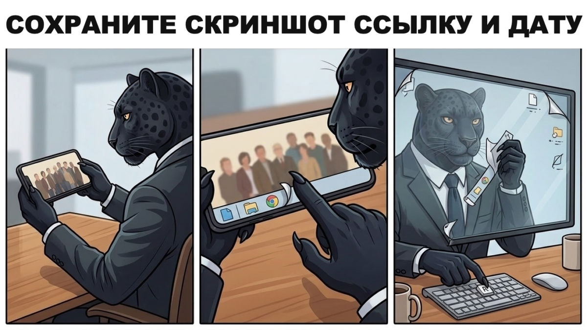 Пантера переписывает адрес страницы с экрана телефона в блокнот &mdash; фиксация поста с фото без согласия