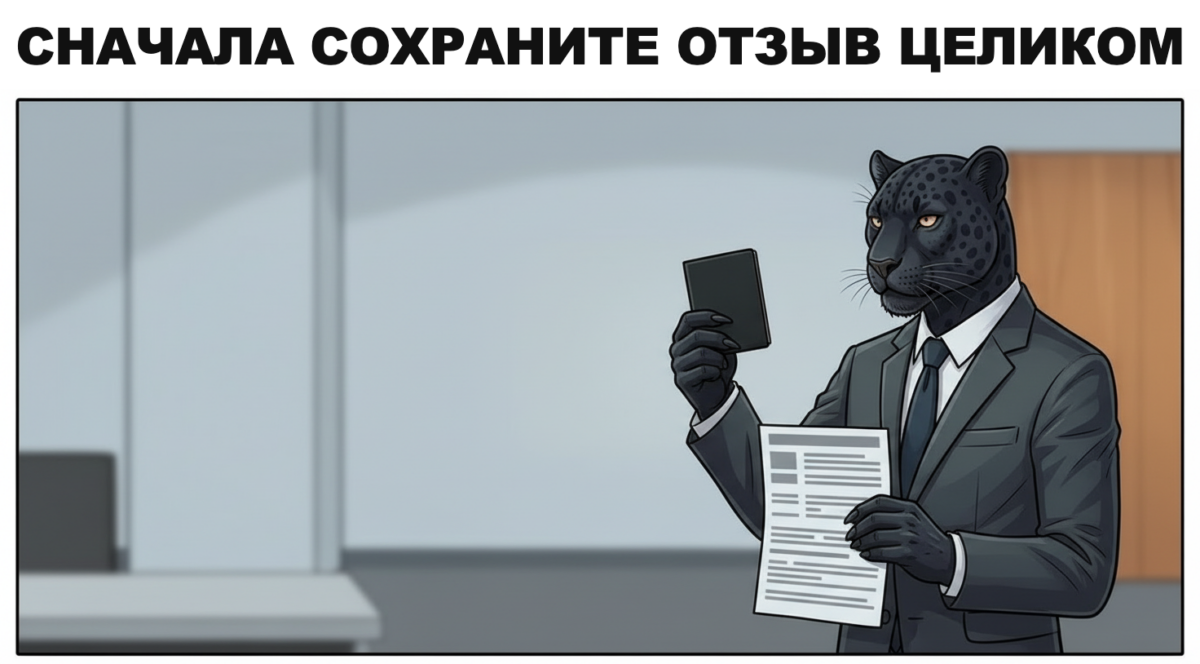 Пантера в костюме кладёт распечатку отзыва сотрудника в папку с документами компании