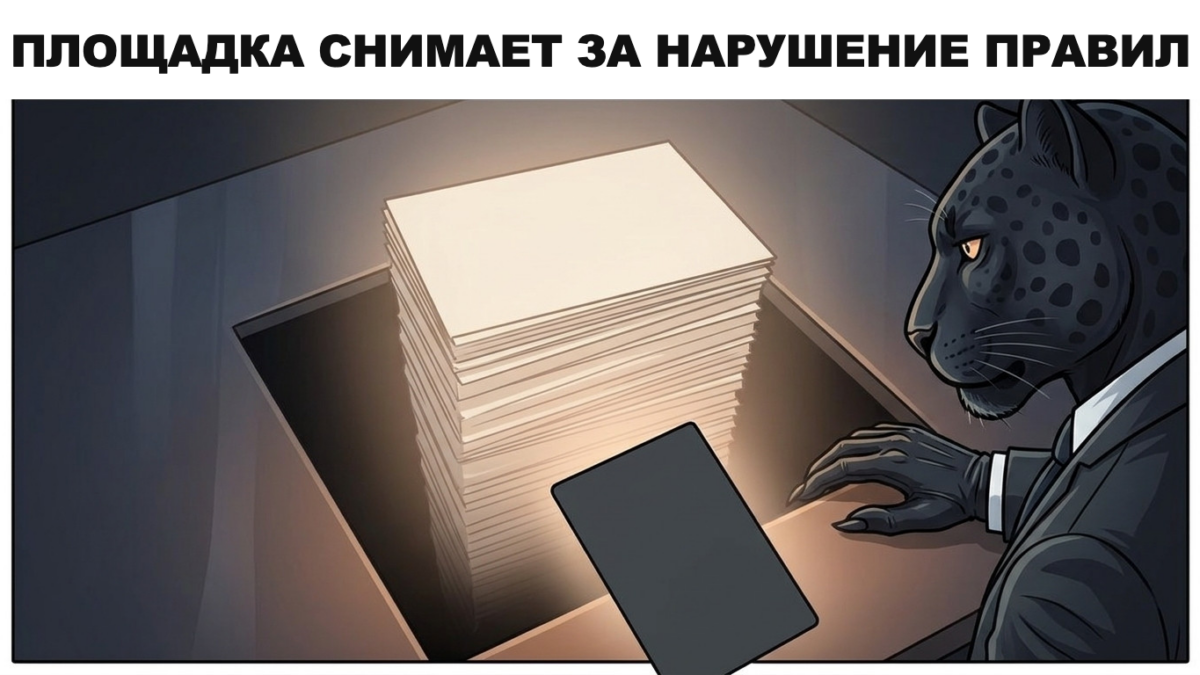 Пантера в костюме подчёркивает пункт в распечатанных правилах площадки, за нарушение которого снимают отзыв