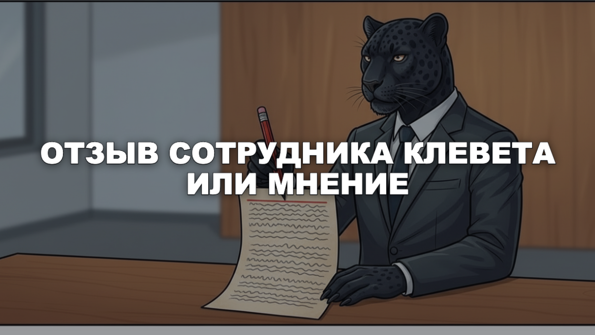 Пантера в костюме с красным карандашом над распечатанным отзывом сотрудника — клевета или мнение