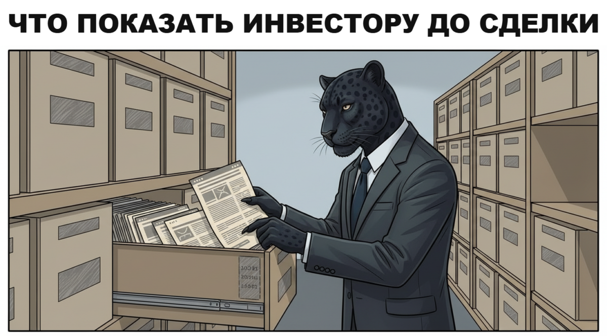 Основатель-пантера передаёт инвестору папку с материалами перед сделкой