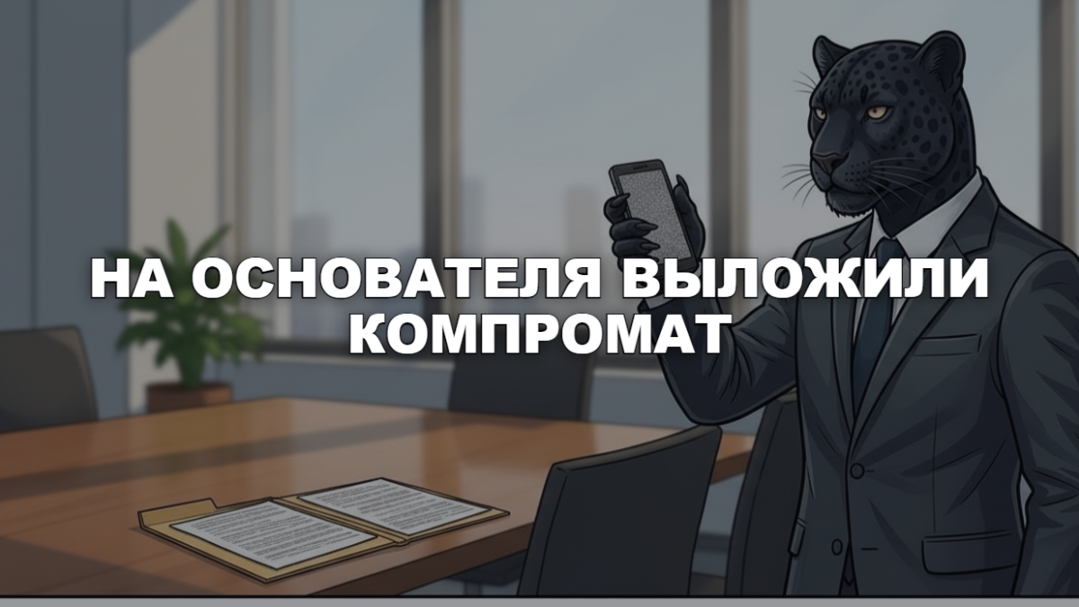 Основатель-пантера в переговорной читает в телефоне публикацию о себе, на столе папка с договором