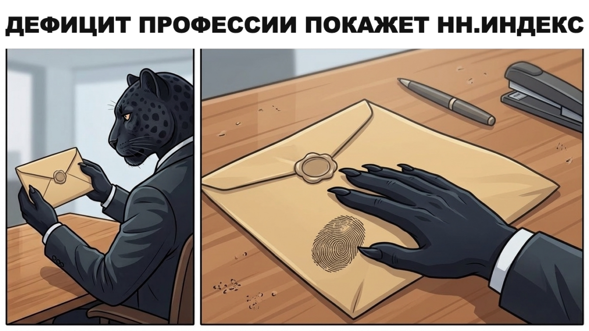 Не можем найти сотрудника: что кандидат видит о компании Пантера в деловом костюме показывает ручкой на распечатанный график, где столбец резюме ниже столбца вакансий