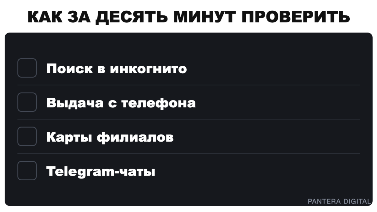 Не можем найти сотрудника: что кандидат видит о компании Пантера в деловом костюме стоит у маркерной доски с чек-листом проверки: поиск в инкогнито, выдача с телефона, карты филиалов, Telegram-чаты