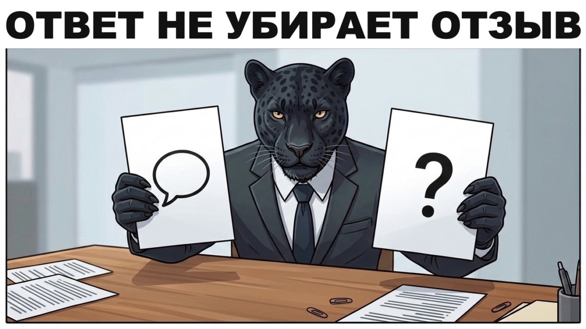 Не можем найти сотрудника: что кандидат видит о компании Пантера в деловом костюме держит распечатку отзыва сотрудника с прикреплённым скрепкой ответом компании