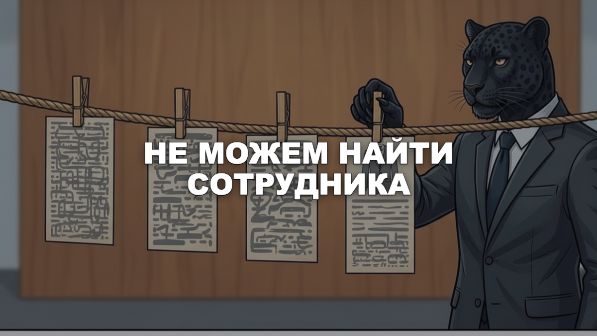 Не можем найти сотрудника: что кандидат видит о компании Пантера в деловом костюме прикалывает объявление о вакансии к пробковой доске, рядом торчат пустые булавки