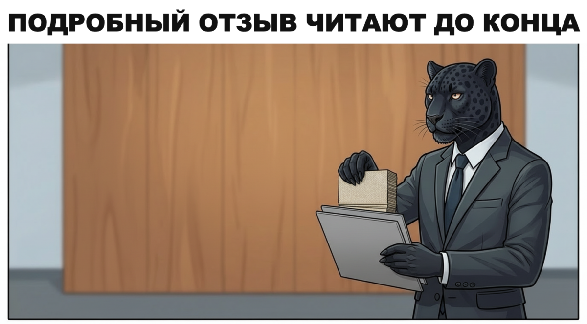 Человек-пантера в костюме достаёт длинную распечатку отзыва с пометками маркером из ряда коротких карточек