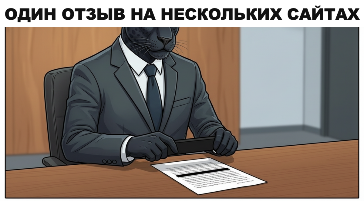 Человек-пантера сверяет через лупу две распечатки одного отзыва с разными логотипами сайтов в шапке