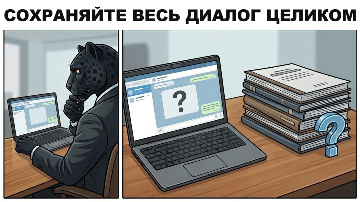 Пантера прокручивает диалог на экране телефона до самого первого сообщения от шантажиста